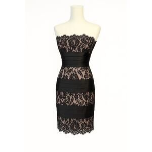 BCBGMAXAZRIA Black Nude Blush Strapless Lace Cocktail Dress Mid Length Satin